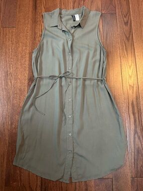 H&M Divided Olive Green Sleeveless Tie-Waist Shirt Dress size 8